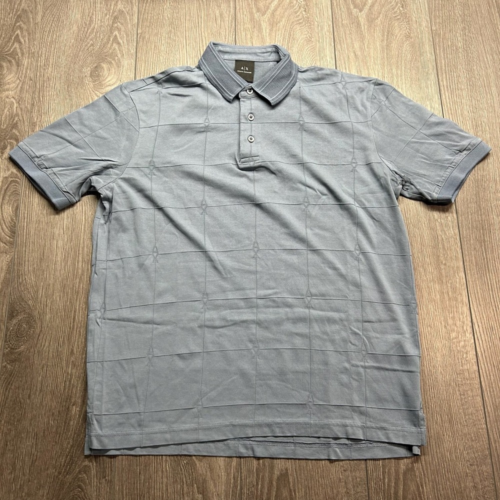 Armani Exchange Mens Blue Textured Grid Logo Polo Shirt Small AX Short Sleeve